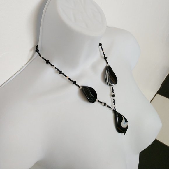 Black Beaded Statement Necklace With Agate Teardrop Pendants Handmade 19 Inches - Picture 3 of 12